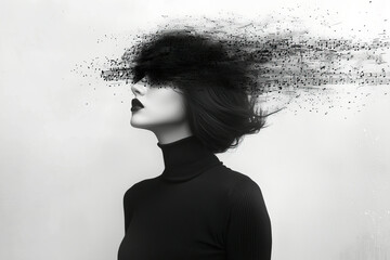 Abstract Fashion Collage: Woman with Swirling Music Notes in Minimalist Style. Non-existent person.