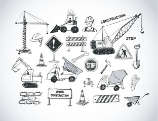 Vector doodle sketch of various heavy construction vehicles, including cranes, excavators, trucks, and loaders, in hand-drawn style on white background © elinacious