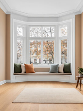 Fototapeta Cozy bay window nook with cushions and a view of autumn trees in a warm-toned living room