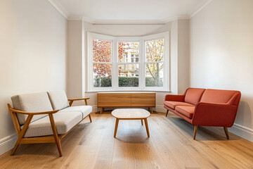 Fototapeta premium Modern living room with stylish furniture arranged around a central coffee table in a bright, sunlit space