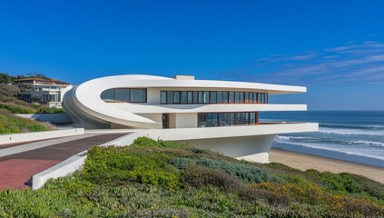 White Modernist House with Large Windows on Cliff Overlooking the Sea in Curved, Colorful Dreamscape