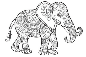Elephant walking towards the right composed of a floral decoration is drawn in black and white waiting to be colored..Antistress coloring page, print, emblem,logo or tattoo,design, decor, T-shirt.