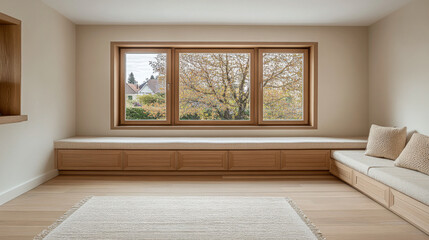 Fototapeta premium Cozy interior with large windows showcasing a serene autumn landscape in a modern living space