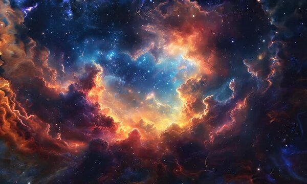 An expansive space scene filled with vibrant nebulous clouds, capturing the immense scale and the captivating blend of colors illuminating outer space scenery. Video
