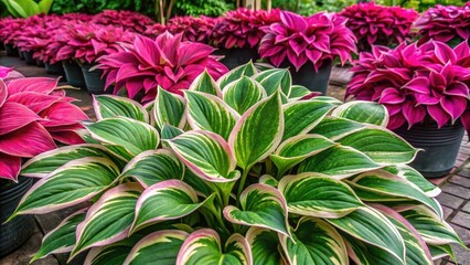 Fototapeta premium Vibrant pink hosta plants available at our garden center, ideal for enhancing your landscaping and perfect for all your home decor projects. Shop now!