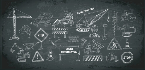 Vector doodle sketch of various heavy construction vehicles, including cranes, excavators, trucks, and loaders, in hand-drawn style on blackboard background © elinacious