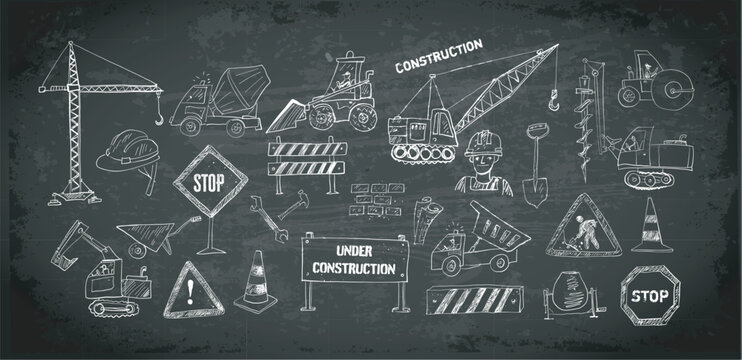 Vector doodle sketch of various heavy construction vehicles, including cranes, excavators, trucks, and loaders, in hand-drawn style on blackboard background
