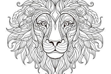Obraz premium Monochrome illustration of a lion head composed by floral ornaments forming a zentangle for adult coloring book or art therapy