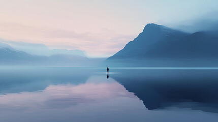 Minimalist, ethereal scene of a lone figure standing on the edge of an endless lake with distant mountains in soft blues and grays