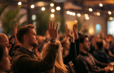 Diverse business group raising hands at conference event for team building and collaboration