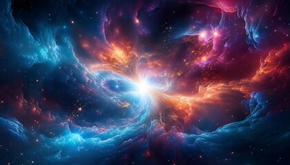 Obraz premium Stunning Cosmic Explosion: A Supernova Event Where a Star Has Exploded, Sending Powerful Shockwaves Through a Nearby Nebula, Creating a Breathtaking Display of Colors and Cosmic Energy in Space.