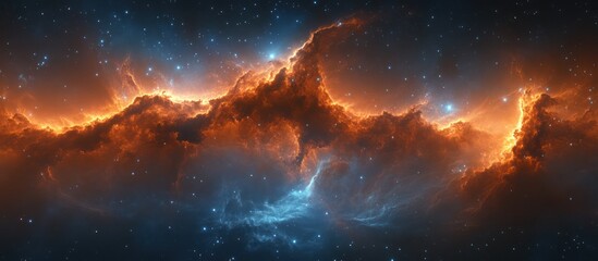 Naklejka premium A vibrant nebula with orange and blue hues, glowing brightly against a dark starry background.