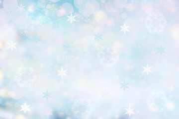 Abstract blurred festive delicate winter christmas or Happy New Year background with shiny blue yellow and white bokeh lighted stars. Space for your design. Card concept.