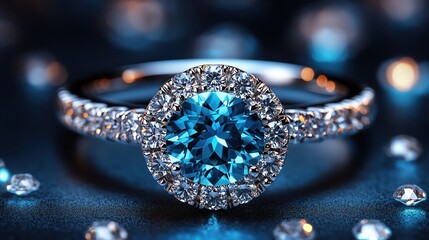 Bright aquamarine ring surrounded by diamonds, glittering with blue and white reflections