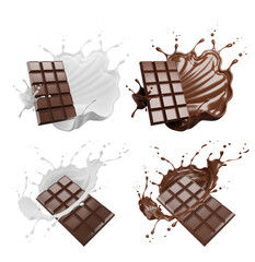 Set Of Chocolate Bar, Milk Chocolate Bar And Chocolate Splash, 3D Rendering