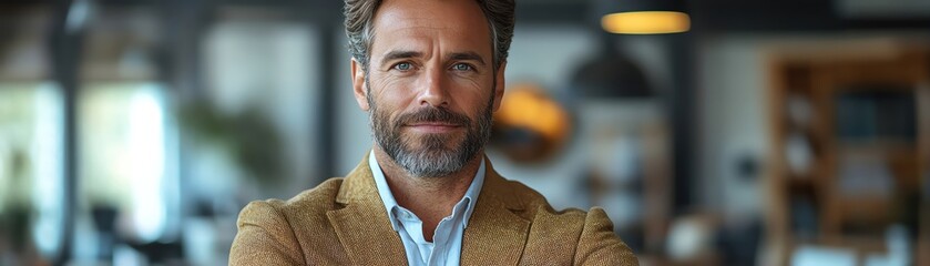 Confident businessman standing in a bright office, arms crossed, leadership in focus