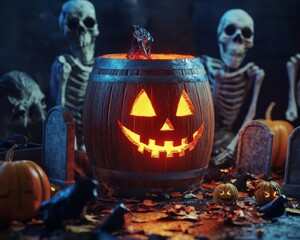 Obraz premium Halloween scene with a carved pumpkin, spooky decorations, and skeletons around.