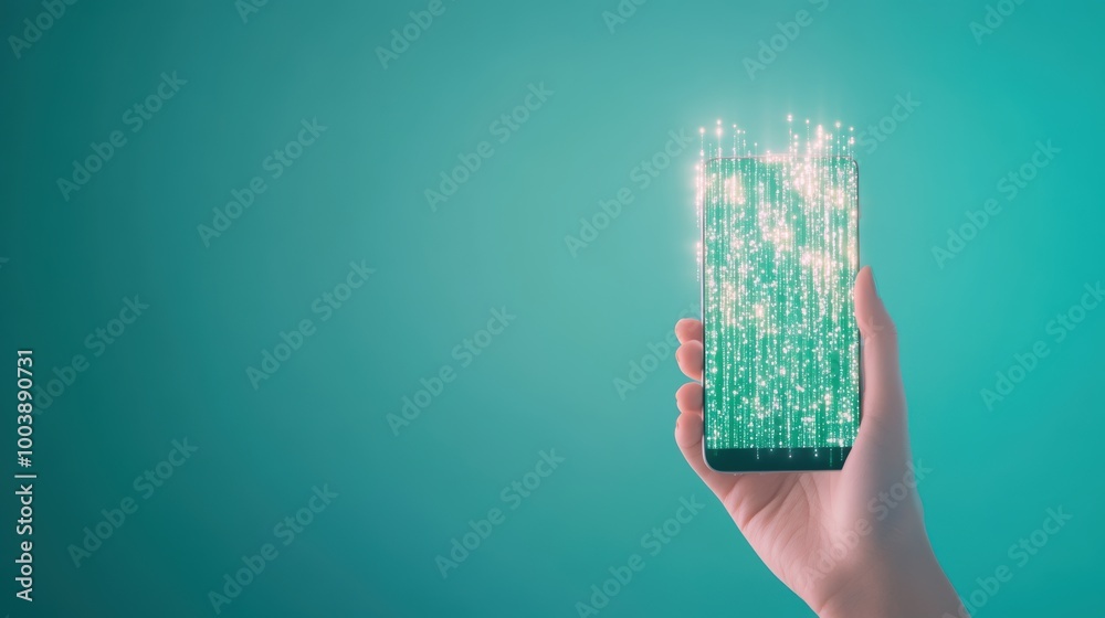 Wall mural a hand holding a smartphone with a screen displaying a digital ethics code, emphasizing the importan
