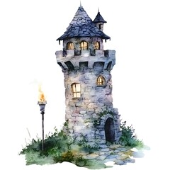 Watercolor illustration of a medieval stone tower with a lit torch, isolated on white.