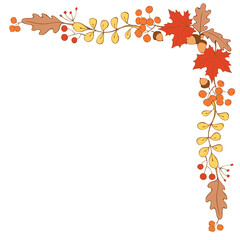 Natural design vector collection - corner element of colorful acorns, leaves and berries. Theme of happy fall, forest, thanksgiving