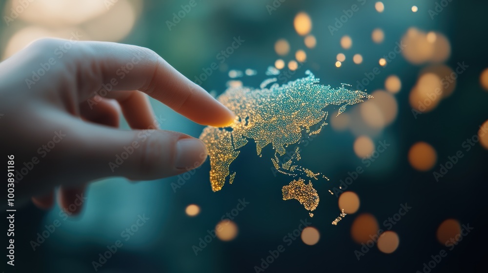 Wall mural a close up shot of a hand interacting with a holographic interface displaying a map of the world, re