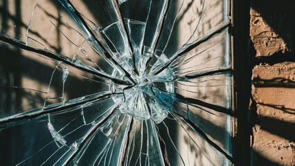 Shattered Glass Window with Jagged Edges and Sunlight