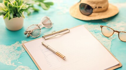 A map spread out on a desk, with a clipboard holding a checklist outlining the planned itinerary for a trip.