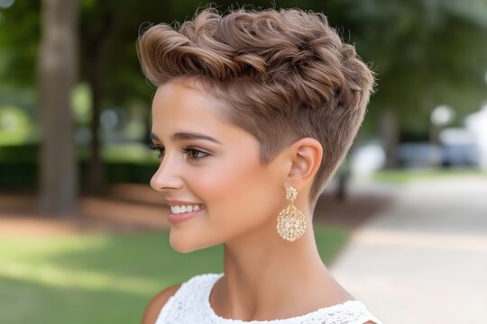 Woman with a short pixie haircut hairstyle. Shampoo, conditioner product promotional advertising.