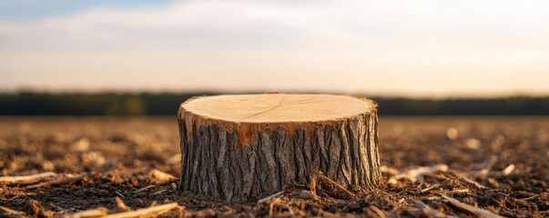 Tree stump in the middle of a deforested area, symbolizing the loss of nature and the impact of human activity