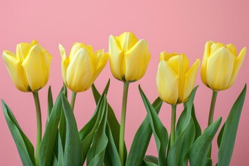 Obraz premium Row of Six Yellow Tulips on a Pink Background, Symbolizing Spring, Simplicity, and Natural Beauty