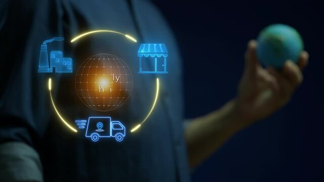 Supply Chain concept, the entire process of getting from manufacture to consumption. Businessman shows glowing neon line of factory, truck car and shop icon on virtual screen.