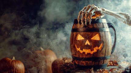 Naklejka premium Spooky Halloween skeleton hand reaching for a carved pumpkin barrel.