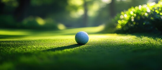 A single golf ball sits on a lush green golf course with a blurred background of trees.