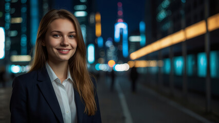 portrait of a young beautiful smiling girl with with glasses she looking at camara with loose hair dressed in a business suit radiates self-confidence against the background of the street with lights 