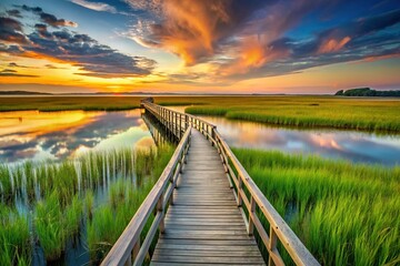 Low angle view of wooden pier in South Carolina Lowcountry marsh during sunset with green grass