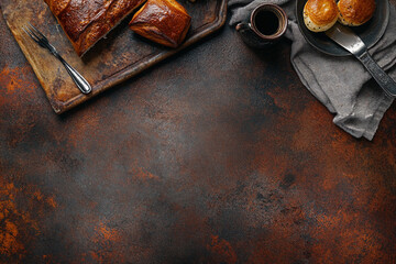 Freshly baked bread and rolls on rustic wooden board, accompanied by cup of coffee, create warm and inviting atmosphere perfect for cozy breakfast or snack