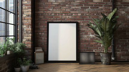 Framed artwork mock-up leaning against a brick wall in a modern, industrial loft, 3D render.