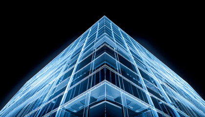 X-ray image of a separate modern building on a black background and in front, 3d rendering