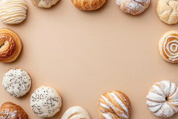 Fototapeta premium Delight in variety of crisp croissants, fluffy pastries, and delicate buns arranged beautifully on soft beige background, creating warm and inviting atmosphere