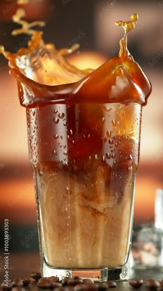 Poster super slow motion of falling ice cube into coffee drink, close-up, camera in motion. filmed on high 