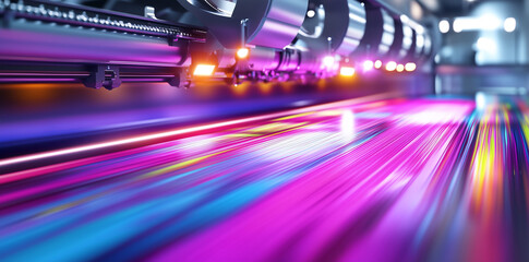 Colorful light streaks and an abstract digital background of a large-format poster printing machine with colorful spools, depicting the printing process concept