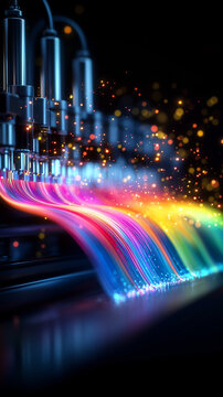 Colorful light streaks and an abstract digital background of a large-format poster printing machine with colorful spools, depicting the printing process concept