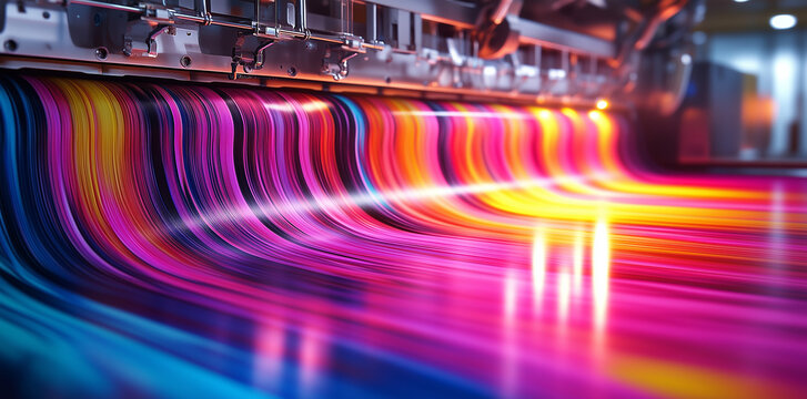 Colorful light streaks and an abstract digital background of a large-format poster printing machine with colorful spools, depicting the printing process concept