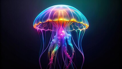 Luminous jellyfish with neon colors in the dark sea symmetrical