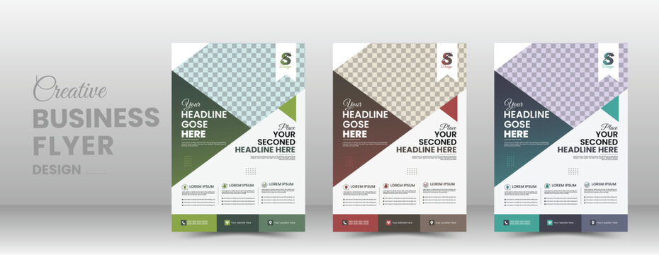 Corporate business flyer template design set with green, red and blue color,a bundle of 3 templates of a4 flyer,abstract business flyer,Flyer Template Geometric shape used for business poster layout.