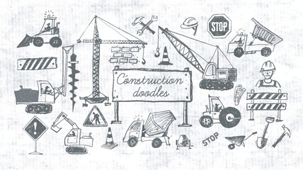 Naklejka premium Vector doodle sketch of various heavy construction vehicles, including cranes, excavators, trucks, and loaders, in hand-drawn style on old paper background