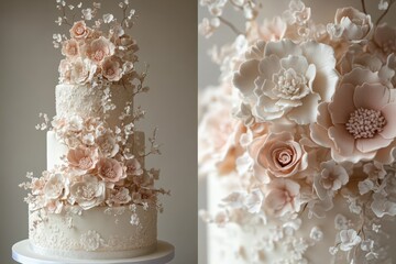 elegant floral wedding cake, elegant wedding cake adorned with delicate blush hues and intricate flowers, perfect for a romantic and stylish ceremony