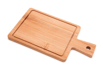 Wooden kitchen cutting board isolated on white background.	