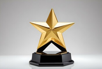 A golden star-shaped trophy on a black base against a plain white background