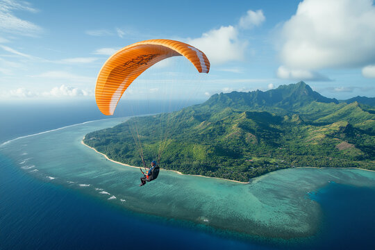 A man paragliding over a series of beautiful islands, with views of the ocean and greenery below